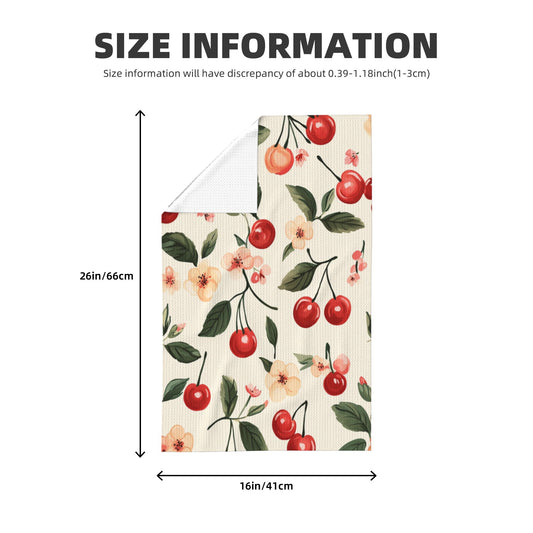 Cherry Floral Waffle Weave Kitchen Towel – Super Absorbent & Quick Dry Microfiber Cleaning Cloth, 16×26 inch, Farmhouse Style Decorative Dish Towel