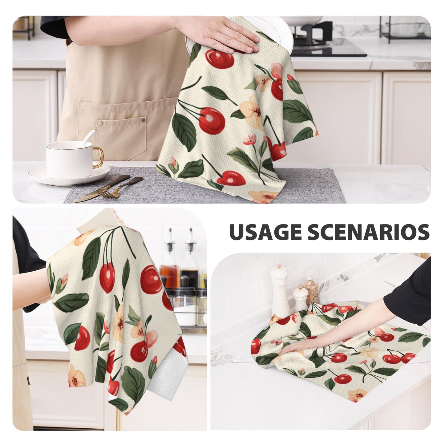 Cherry Floral Waffle Weave Kitchen Towel – Super Absorbent & Quick Dry Microfiber Cleaning Cloth, 16×26 inch, Farmhouse Style Decorative Dish Towel