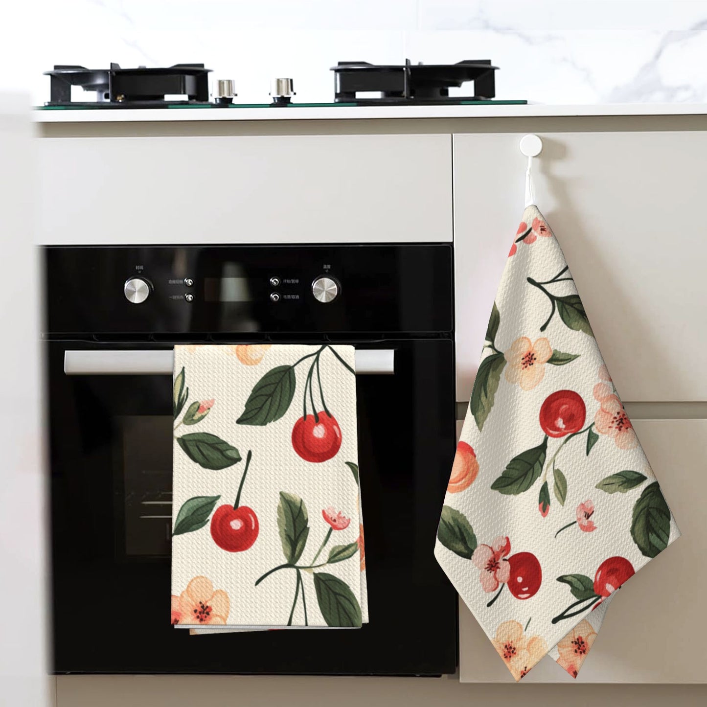 Cherry Floral Waffle Weave Kitchen Towel – Super Absorbent & Quick Dry Microfiber Cleaning Cloth, 16×26 inch, Farmhouse Style Decorative Dish Towel