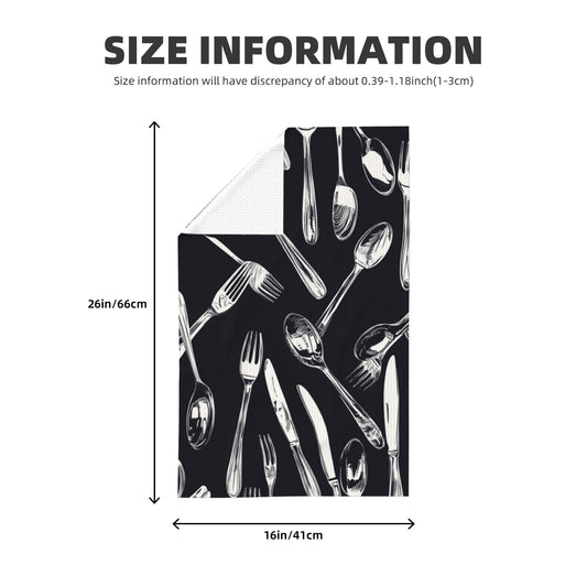 Black Cutlery Pattern Waffle Kitchen Towel – 16×26 Inch Super Absorbent & Quick Dry Dish Cloth, Decorative Tea Towel