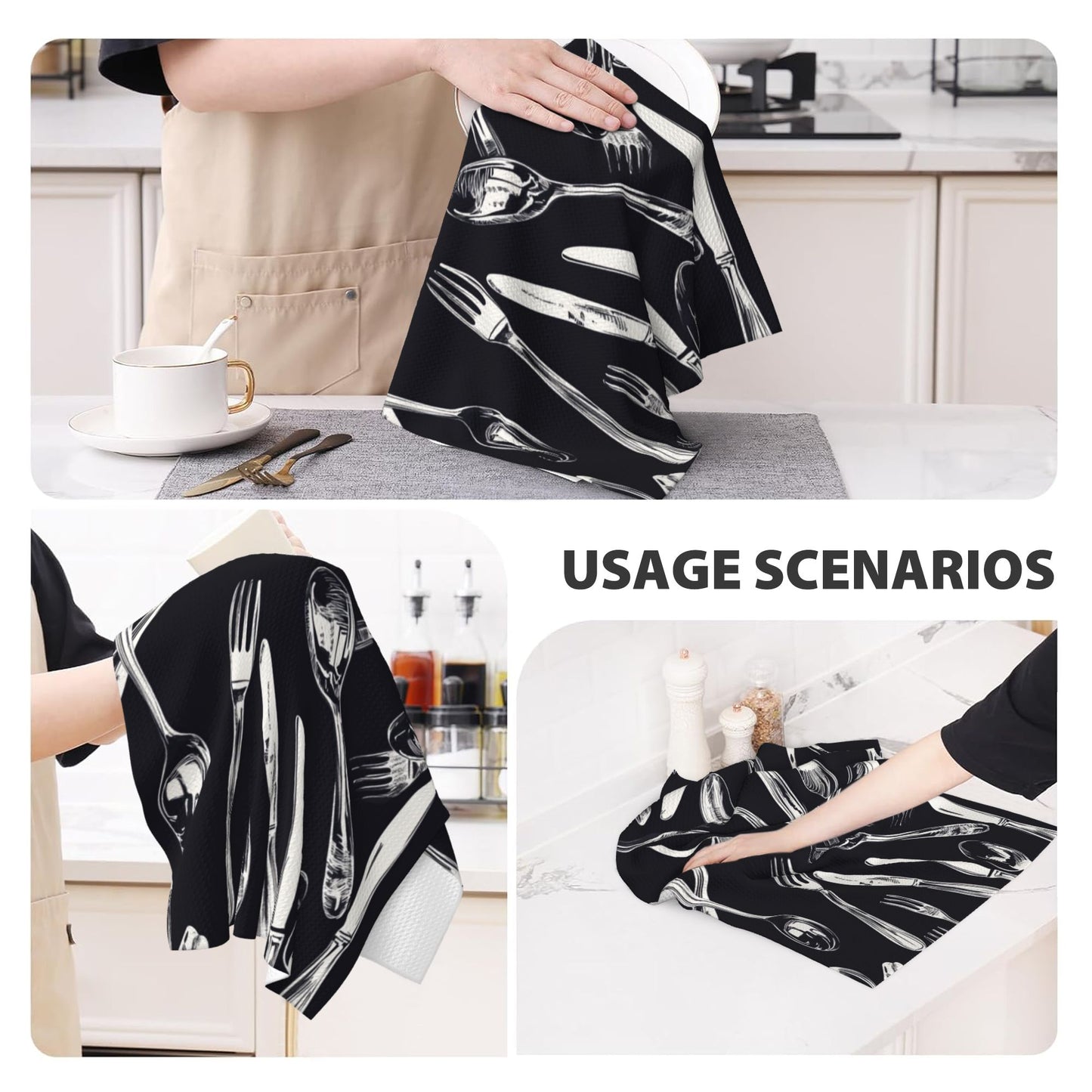 Black Cutlery Pattern Waffle Kitchen Towel – 16×26 Inch Super Absorbent & Quick Dry Dish Cloth, Decorative Tea Towel