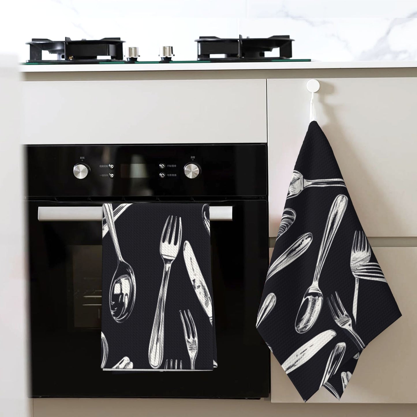 Black Cutlery Pattern Waffle Kitchen Towel – 16×26 Inch Super Absorbent & Quick Dry Dish Cloth, Decorative Tea Towel