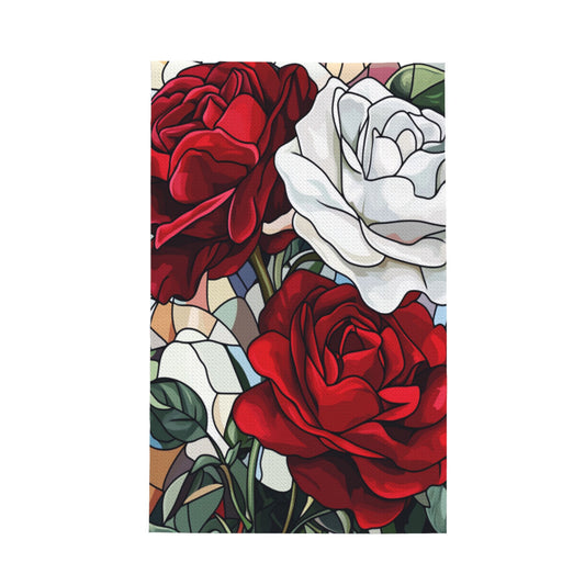 Red & White Rose Waffle Weave Kitchen Towel – 16x26 Inch Absorbent Decorative Hand & Dish Cloth