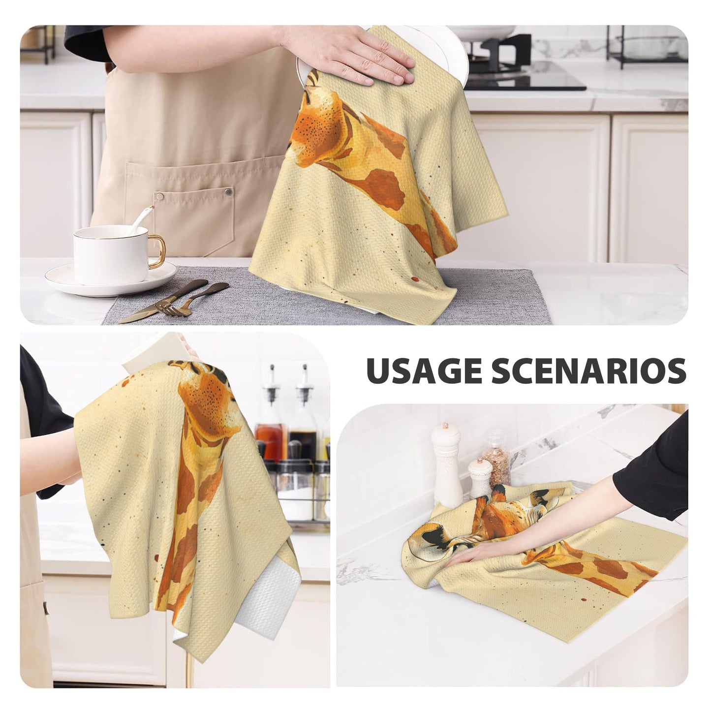 Cute Giraffe Waffle Weave Kitchen Towel – 16x26 Inch Absorbent Quick-Dry Dish & Hand Towel with Animal Illustration