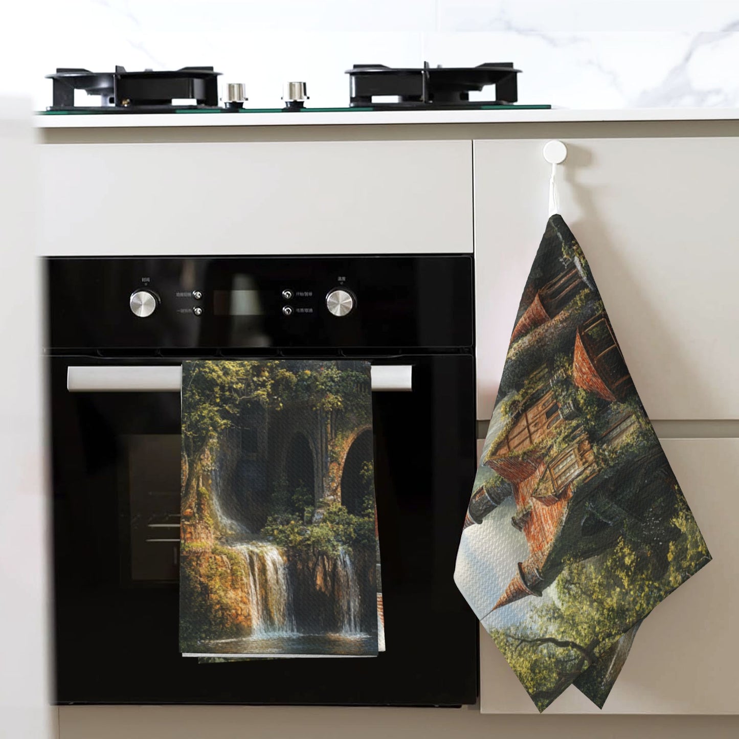 Forest Castle Illustration Waffle Kitchen Towel – 16x26 Inch Quick-Dry Dish Towel with Fantasy Art Design