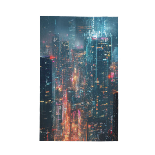 Cyber City Nightscape Waffle Kitchen Towel – 16x26 Inch Absorbent Fast-Dry Decorative Dish Towel with Neon Skyline Print