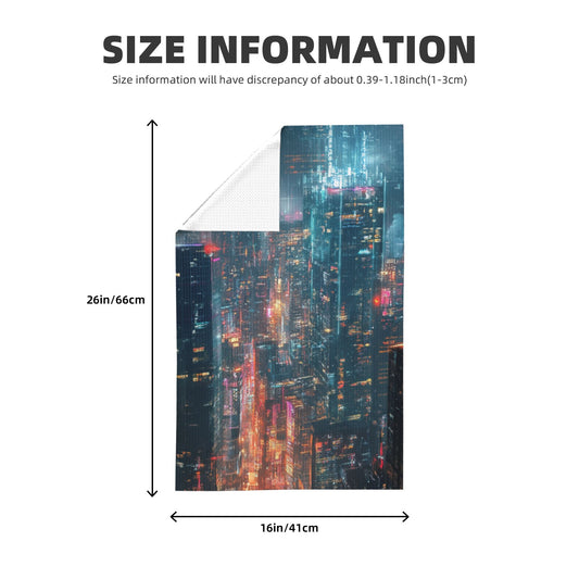 Cyber City Nightscape Waffle Kitchen Towel – 16x26 Inch Absorbent Fast-Dry Decorative Dish Towel with Neon Skyline Print