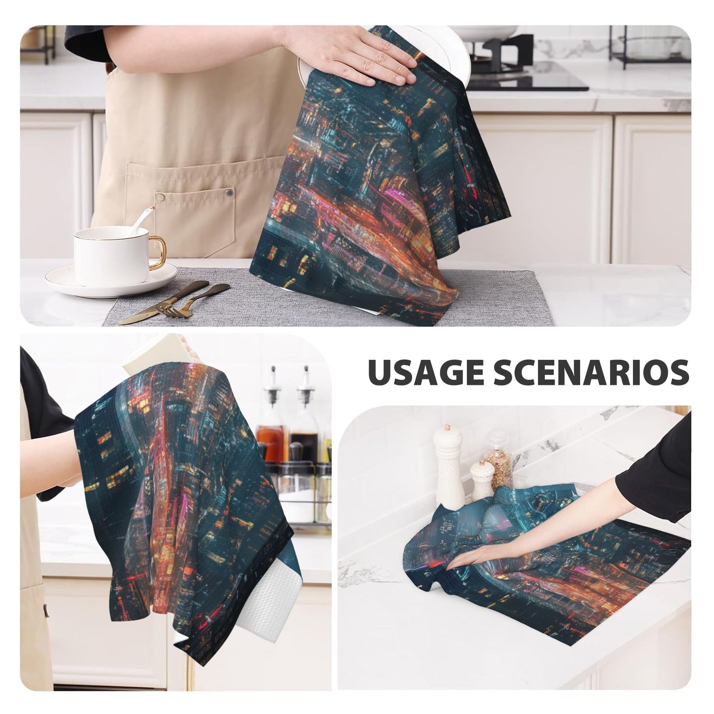 Cyber City Nightscape Waffle Kitchen Towel – 16x26 Inch Absorbent Fast-Dry Decorative Dish Towel with Neon Skyline Print