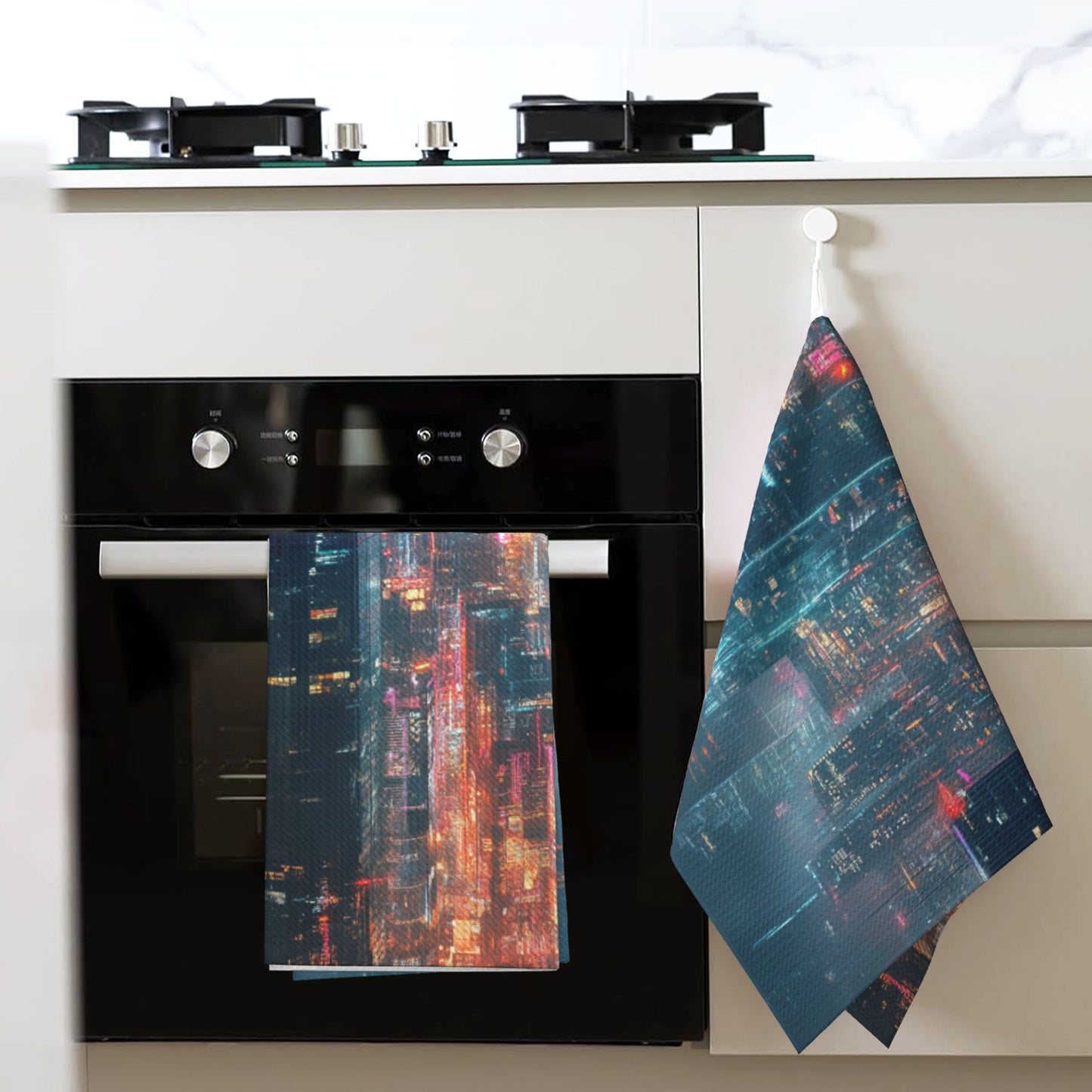 Cyber City Nightscape Waffle Kitchen Towel – 16x26 Inch Absorbent Fast-Dry Decorative Dish Towel with Neon Skyline Print