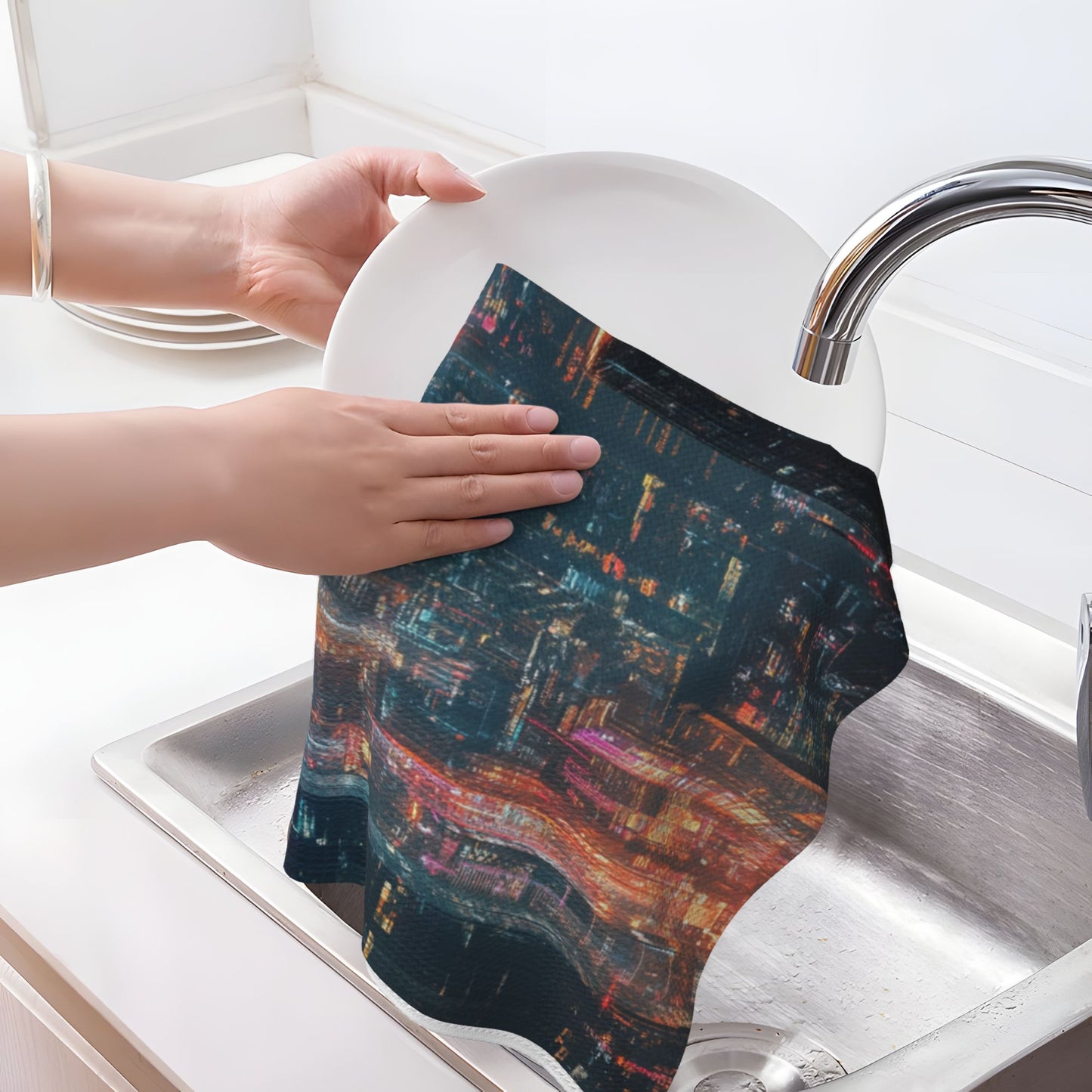 Cyber City Nightscape Waffle Kitchen Towel – 16x26 Inch Absorbent Fast-Dry Decorative Dish Towel with Neon Skyline Print
