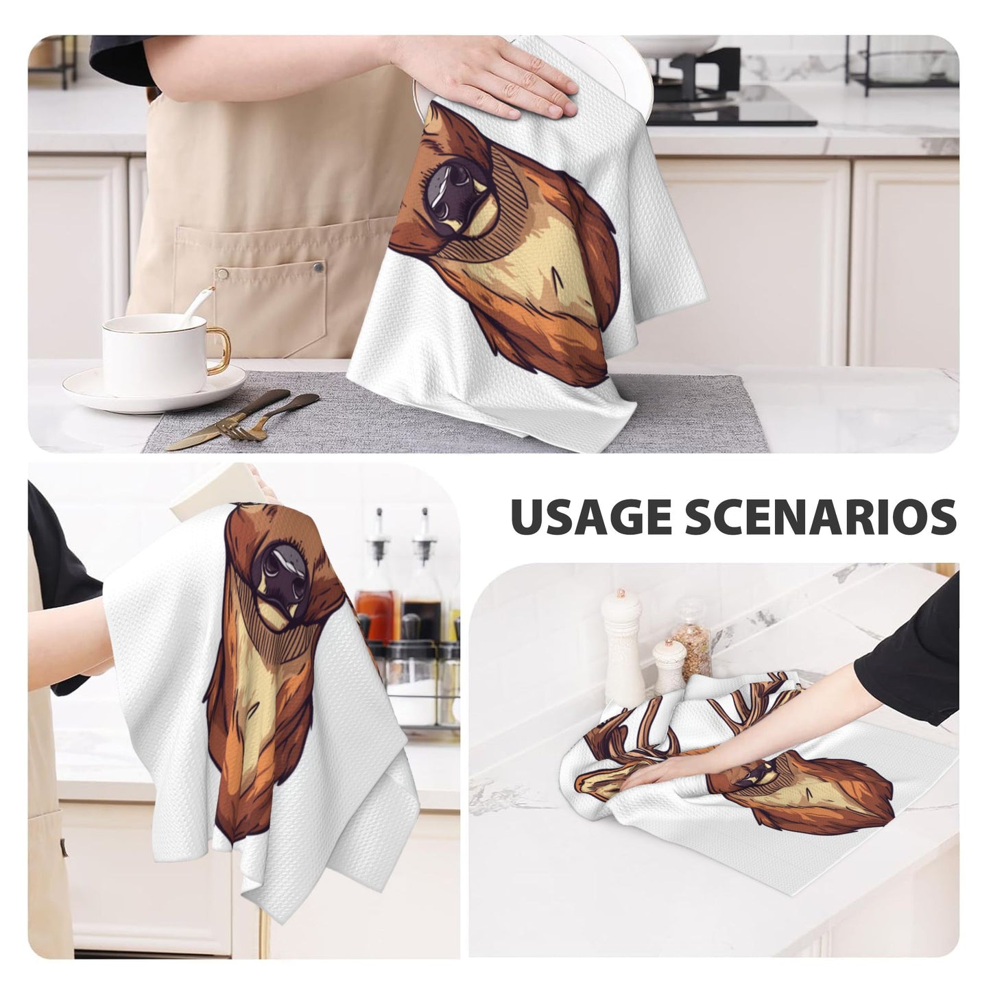 Deer Head Illustration Waffle Kitchen Towel – 16x26 Inch Absorbent Fast-Dry Decorative Dish Towel