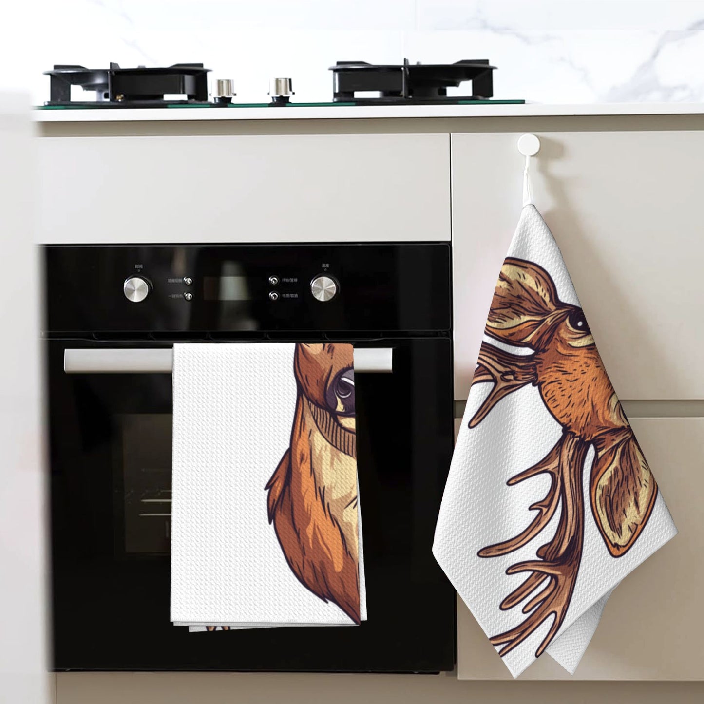 Deer Head Illustration Waffle Kitchen Towel – 16x26 Inch Absorbent Fast-Dry Decorative Dish Towel